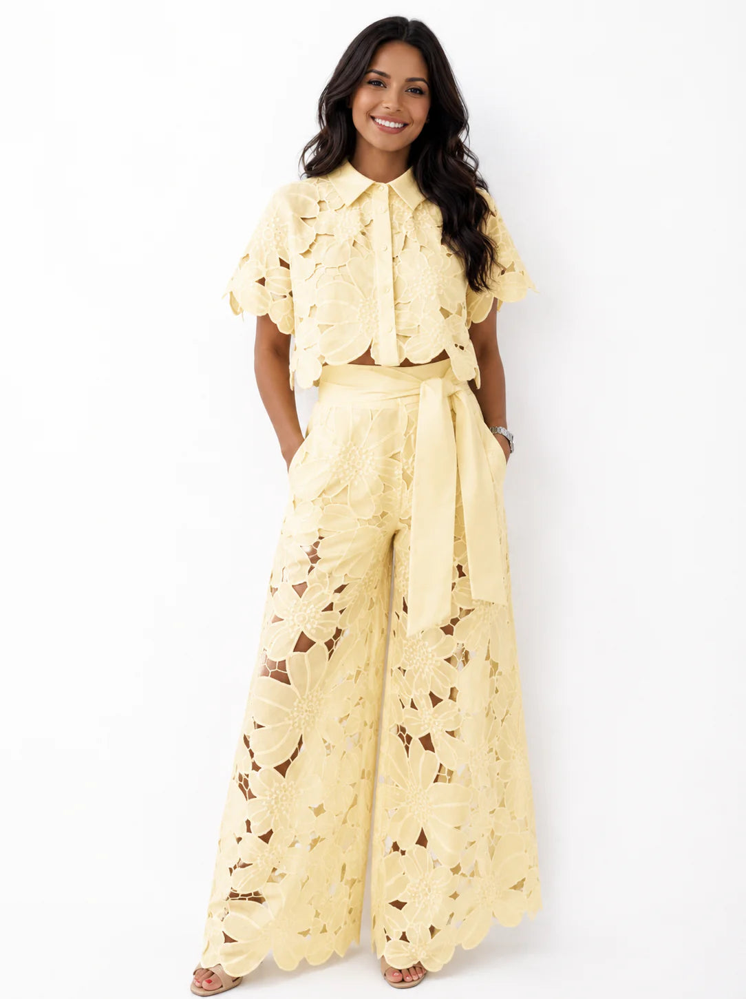 Isabela Broderie Two-Piece – Bow-Tie Waist Blouse & Wide-Leg Trousers