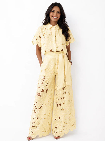 Isabela Broderie Two-Piece – Bow-Tie Waist Blouse & Wide-Leg Trousers