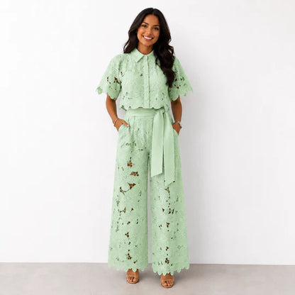 Isabela Broderie Two-Piece – Bow-Tie Waist Blouse & Wide-Leg Trousers
