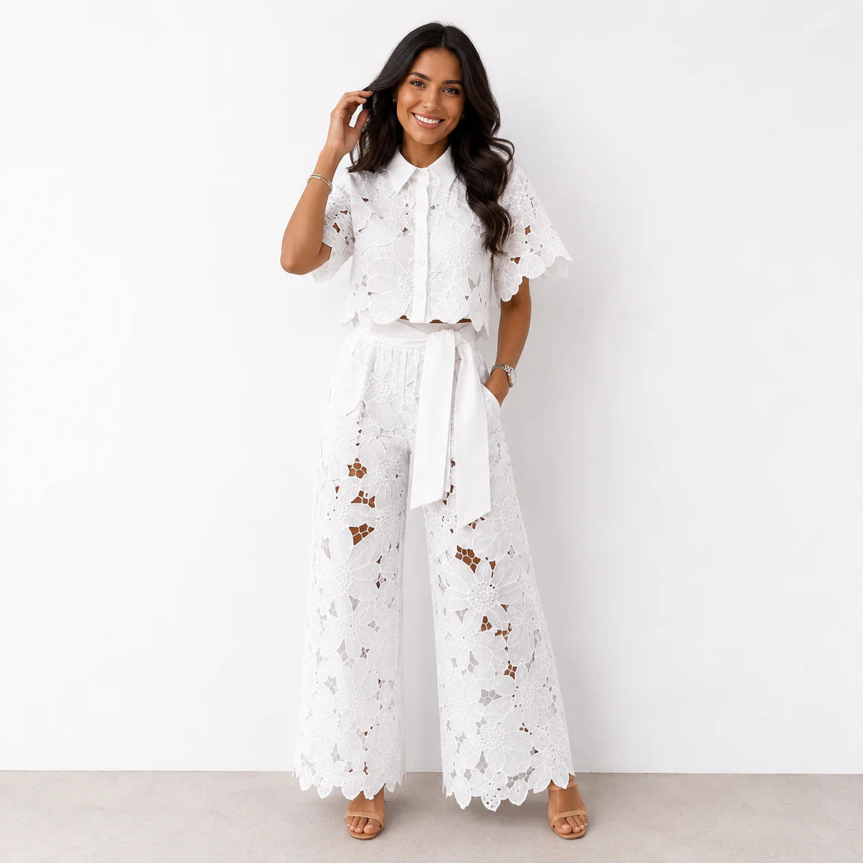 Isabela Broderie Two-Piece – Bow-Tie Waist Blouse & Wide-Leg Trousers