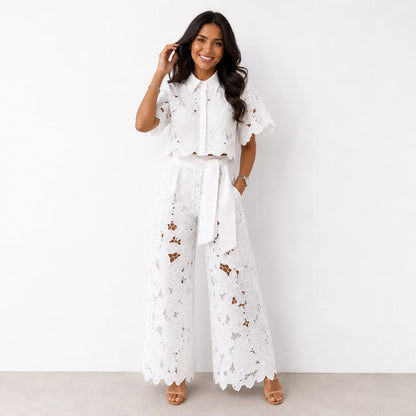Isabela Broderie Two-Piece – Bow-Tie Waist Blouse & Wide-Leg Trousers