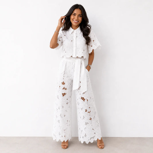 Isabela Broderie Two-Piece – Bow-Tie Waist Blouse & Wide-Leg Trousers