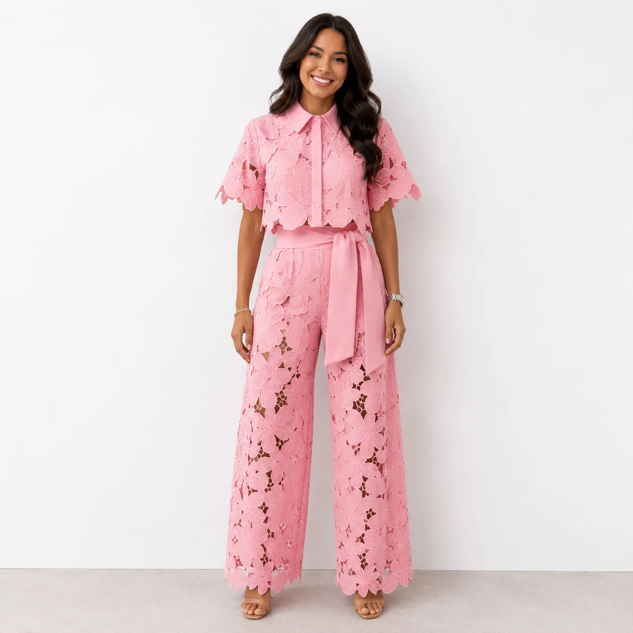 Isabela Broderie Two-Piece – Bow-Tie Waist Blouse & Wide-Leg Trousers