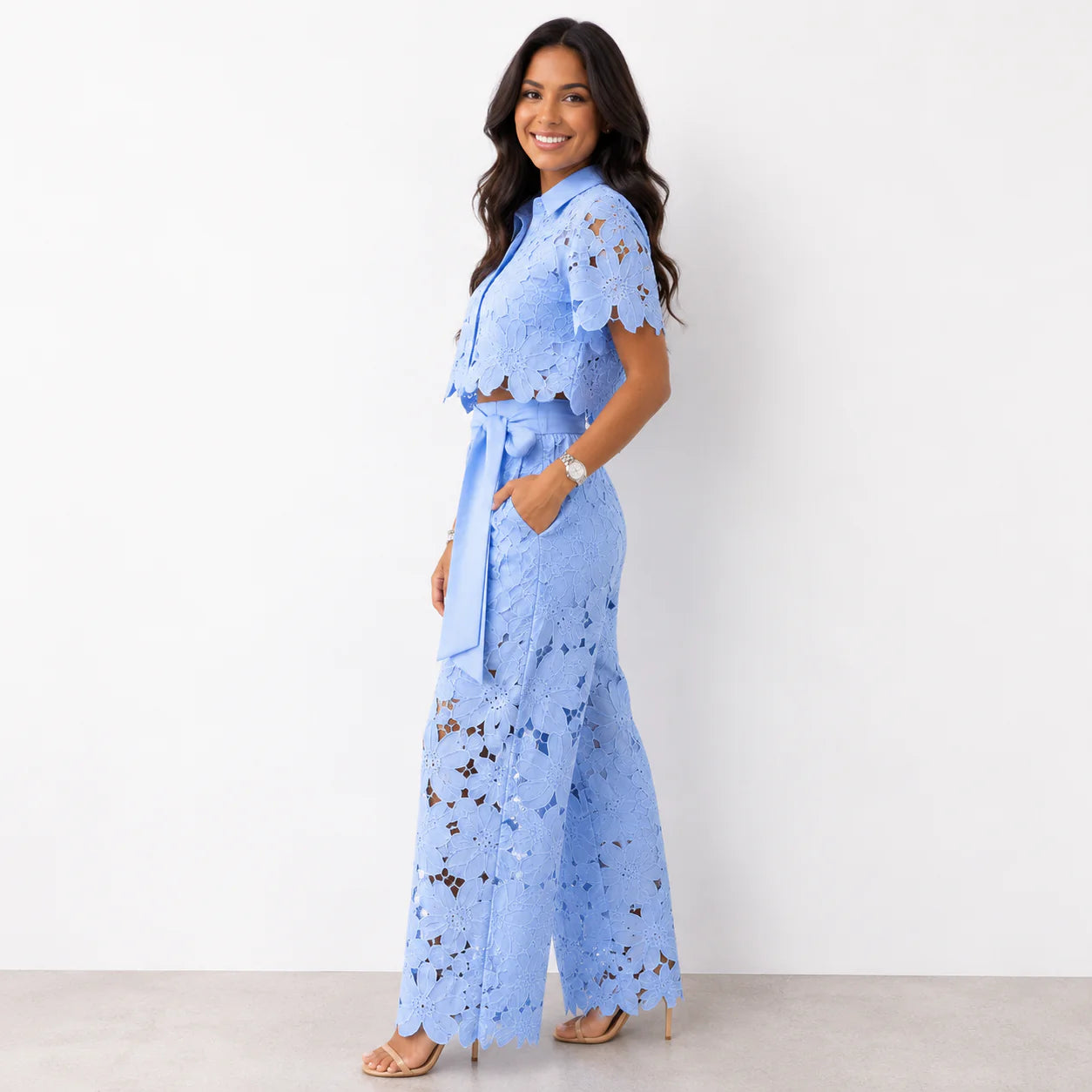 Isabela Broderie Two-Piece – Bow-Tie Waist Blouse & Wide-Leg Trousers