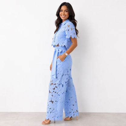 Isabela Broderie Two-Piece – Bow-Tie Waist Blouse & Wide-Leg Trousers