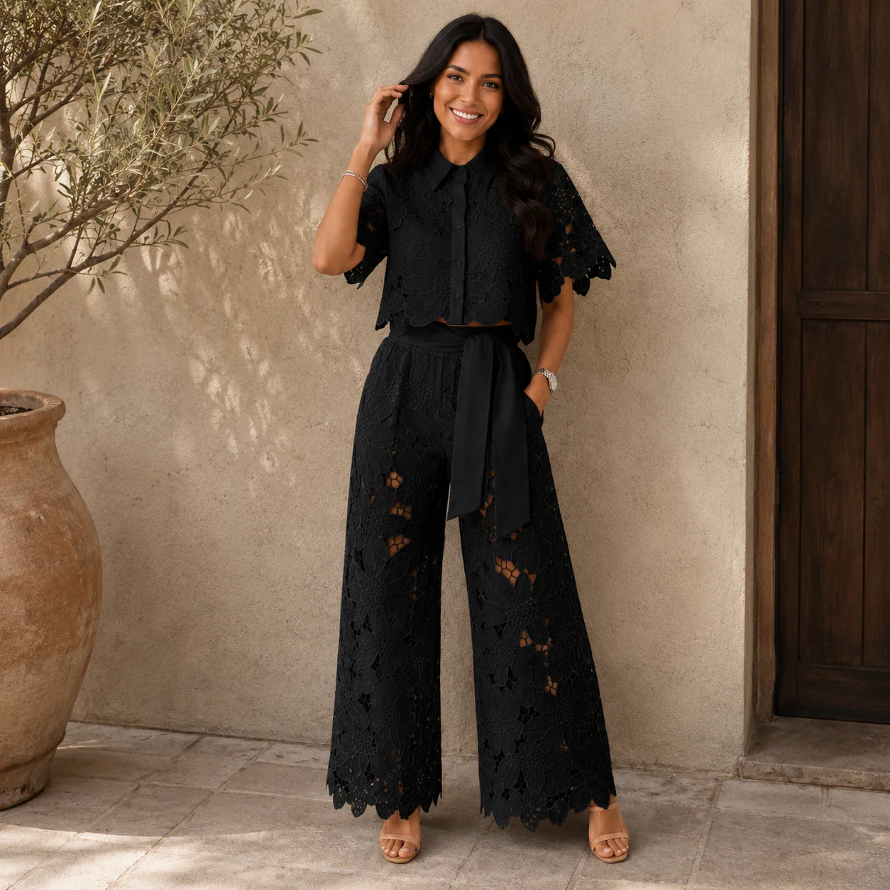 Isabela Broderie Two-Piece – Bow-Tie Waist Blouse & Wide-Leg Trousers