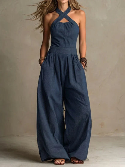 BIANCA Linen & Cotton Jumpsuit | Cross Neckline · Wide-Leg Silhouette · All-Day Elegance