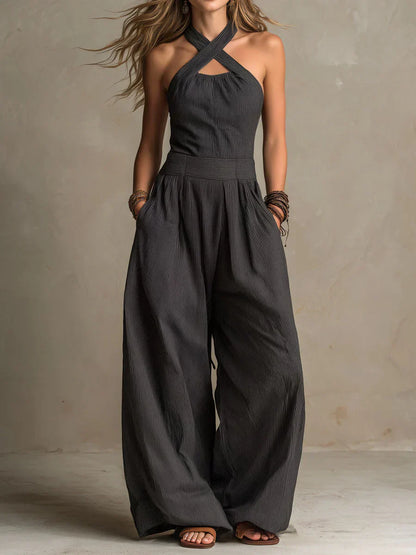 BIANCA Linen & Cotton Jumpsuit | Cross Neckline · Wide-Leg Silhouette · All-Day Elegance