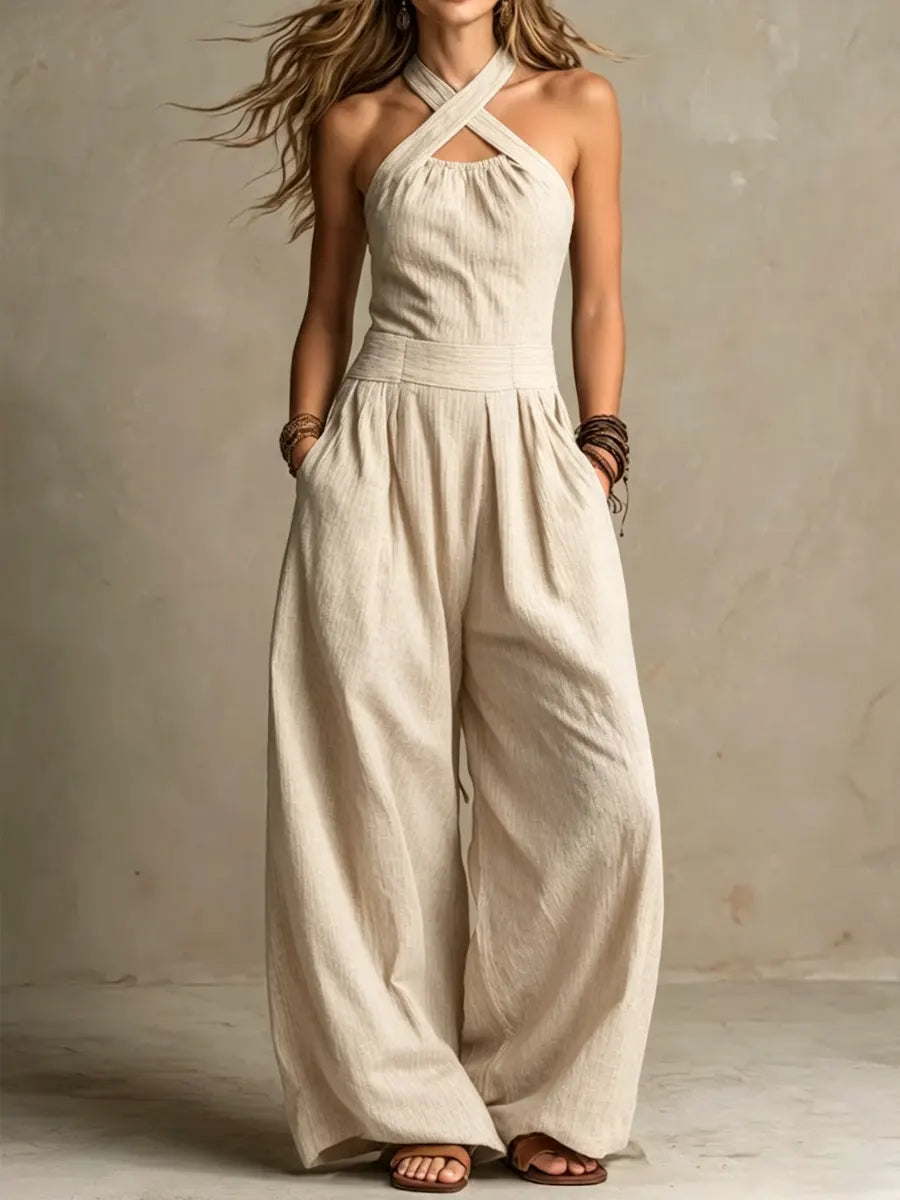 BIANCA Linen & Cotton Jumpsuit | Cross Neckline · Wide-Leg Silhouette · All-Day Elegance
